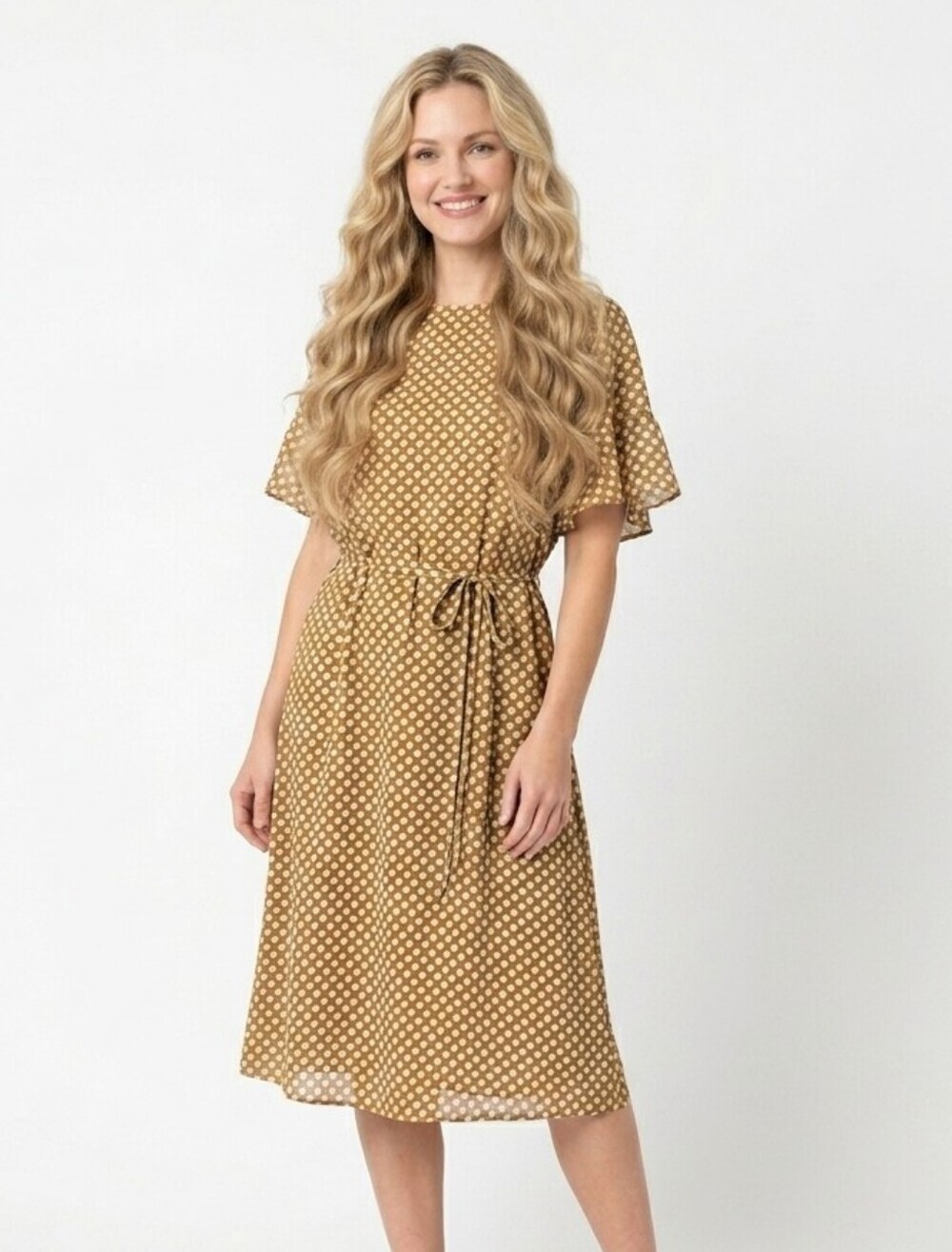 Ann Taylor Loft Midi Blouson Dress Size L Brown Belt Ruffled Sleeve Pullover